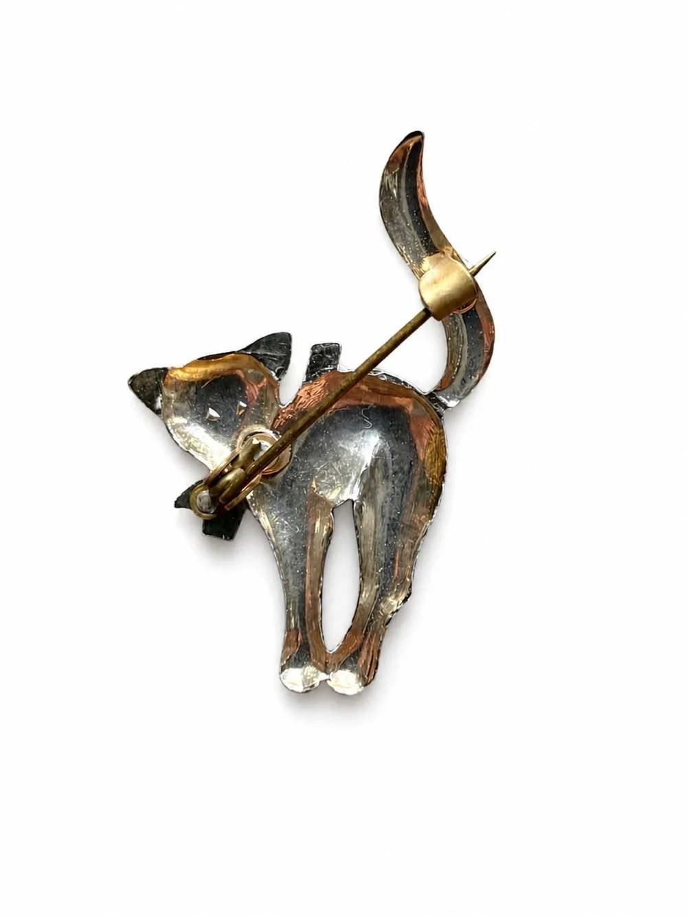 Vintage 1950’s Marcasite Arched Cat wWith Bow Brooch- Silver Tone